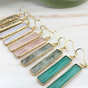 18K Gold Crystal Earrings - Gift For Her - Rectangle Bar Amazonite Rose Quartz