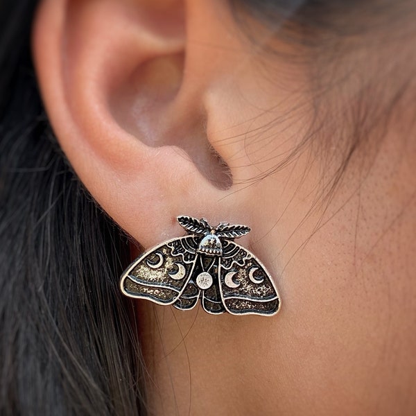 Luna Moth Stud Earrings - Moon Phase Earrings - Occult Jewelry - Goth Insect Earrings