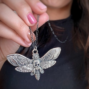 Silver Death Head Moth Necklace - Wiccan Moth Jewelry - Figaro Satellite Chain Necklace - Bug Insect Necklace