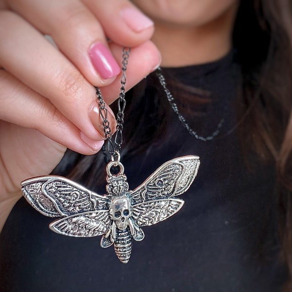 Silver Death Head Moth Necklace - Wiccan Moth Jewelry - Figaro Satellite Chain Necklace - Bug Insect Necklace