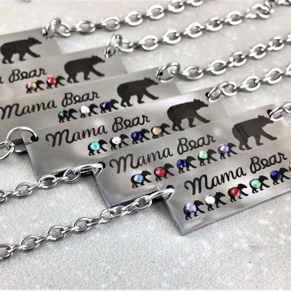 Mama Bear Necklace with Cubs - Birthstone Jewelry - Mother's Day Gift