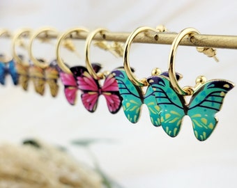 Huggie Hoop Butterfly Earrings - Small Hoop Earrings - Enamel Dangle Insect Monarch Butterfly Jewelry