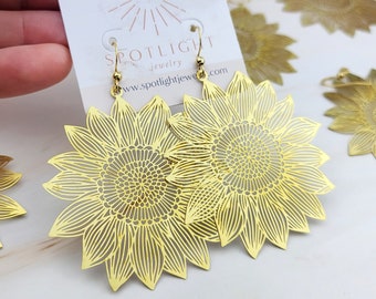 Gold Sunflower Earrings - Sunflower Jewelry - Extra Large Earrings