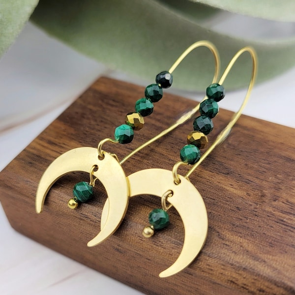 Boho Malachite Earrings - Crescent Moon Double Horn - Natural Gemstone Beaded Earrings