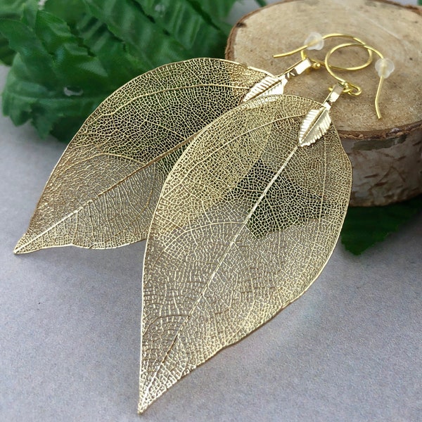 Natural Gold Leaf Earrings - 24K Gold Earrings - Plant Earrings - Nature Jewelry - Bridal Jewelry