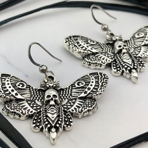 Silver Death Head Earrings - Goth Insect Earrings - Macabre - Esoteric Moth Jewelry - Oddities
