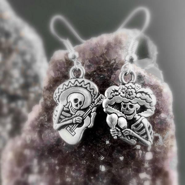 Day of The Dead Earrings - Dia De Los Muertos Costume - Sterling Silver Sugar Skull Jewelry Halloween Earrings Mismatch Earrings La Catrina