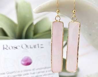 Rose Quartz Earrings - Gemstone Earrings - Crystal Jewelry - Rectangle Bar Earrings - 004