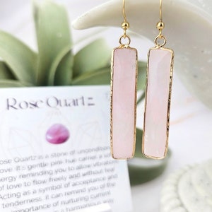 Rose Quartz Earrings - Gemstone Earrings - Crystal Jewelry - Rectangle Bar Earrings - 004