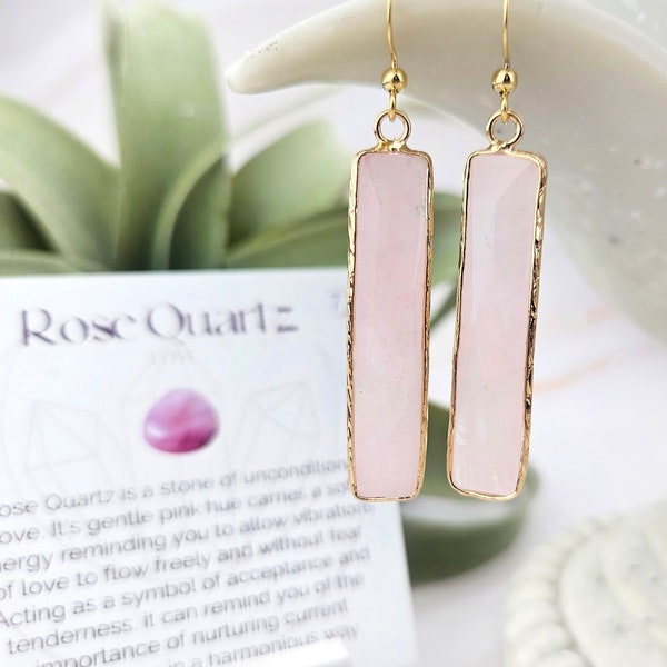 Boucles d'oreilles en quartz rose - Boucles d'oreilles en pierres précieuses - Bijoux en cristal - Boucles d'oreilles rectangle - 004