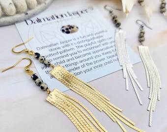 Dalmatian Jasper Fringe Earrings: Gold or Silver, Stainless Steel