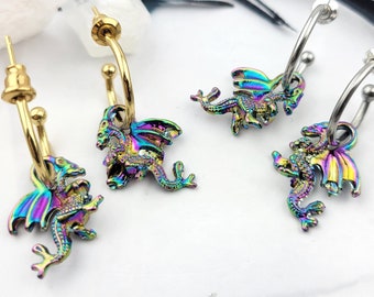 Rainbow Dragon Earrings - Dark Academia Clothing - Tiny Hoops - Small Hoop Earrings - Dragon Jewelry