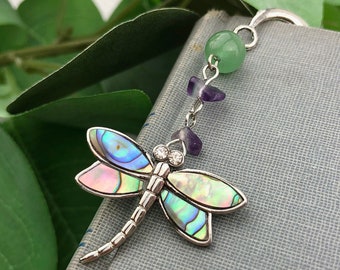 Beaded Dragonfly Bookmark - Abalone Shell Natural Fluorite - Metal Animal Bookmark - Librarian Gift