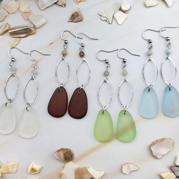 Sea Glass Earrings with Natural Gemstones - Mermaid Earrings - Sea Glass Jewelry