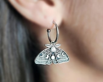 Silver Luna Moth Huggie Hoops - Goth Insect Earrings  - Cartilage Hoops - Wiccan Moon Phase Jewelry