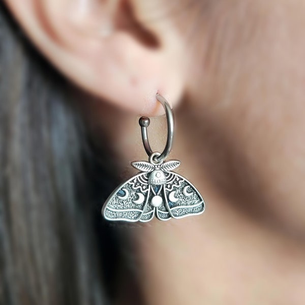 Silver Luna Moth Huggie Hoops - Goth Insect Earrings  - Cartilage Hoops - Wiccan Moon Phase Jewelry