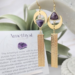 Asymmetrical Amethyst Earrings - Crescent Moon Earrings - Long Gold Earrings - Mindfulness Gift