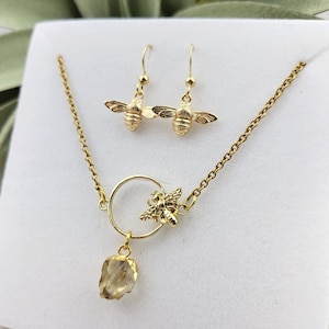 Gold Bee Jewelry Set - Bee Necklace and Earrings - Citrine Necklace - Handmade