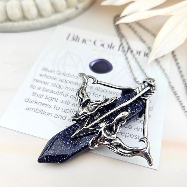 Blue Goldstone Archery Necklace - Blue Sandstone - Bow and Arrow Necklace - Elven Artemis Necklace (018)