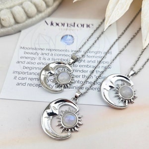 Collier croissant de lune pierre de lune - Collier soleil lune - Bijoux célestes - Collier lune (020)