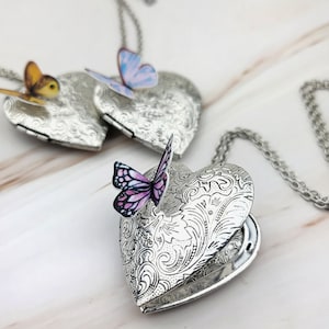 Silver Heart Locket Necklace - Silver Butterfly Necklace - Long Antique Butterfly Locket Charm - Large Silver Pendant Jewelry