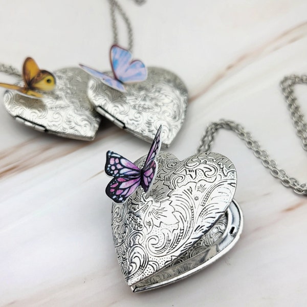 Silver Heart Locket Necklace - Sterling Silver Butterfly Necklace - Long Antique Butterfly Locket Charm - Large Silver Pendant Jewelry