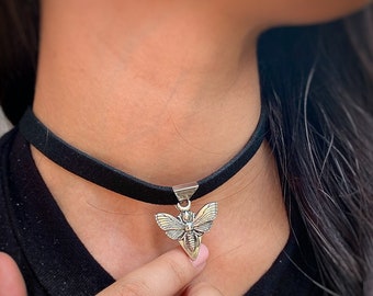 Black Velvet Luna Moth Choker Necklace - Goth Witch Choker - Gothic Crescent Moon Necklace - Esoteric Wiccan Jewelry