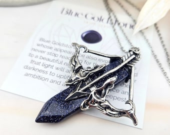 Blue Goldstone Archery Necklace - Blue Sandstone - Bow and Arrow Necklace - Elven Artemis Necklace (018)