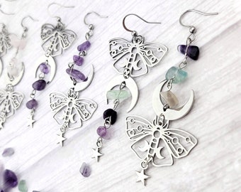 Silver Luna Moth Earrings - Mismatched Earrings - Mindfulness Gift - Rose Quartz Fluorite Earrings