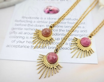 Rhodonite Gemstone Sunburst Necklace - Rhodonite Jewelry - Sunburst Pendant - Celestial Necklace (022)