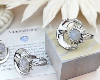 Moonstone Sun and Moon Ring - Celestial Ring - Adjustable Gemstone Moonstone Ring (024)