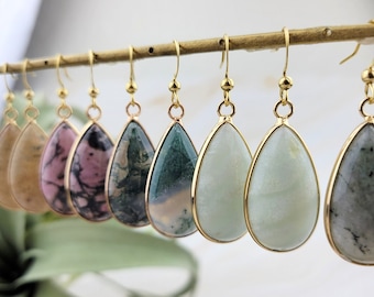 Tear Drop Gemstone Earrings - Labradorite Earrings - Moss Agate Amazonite - Natural Gemstone