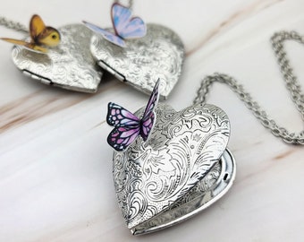 Silver Heart Locket Necklace - Sterling Silver Butterfly Necklace - Long Antique Butterfly Locket Charm - Large Silver Pendant Jewelry