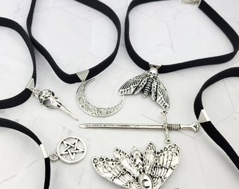 Black Gothic Choker - Velvet Choker - Occult Jewelry - Halloween Moth Necklace
