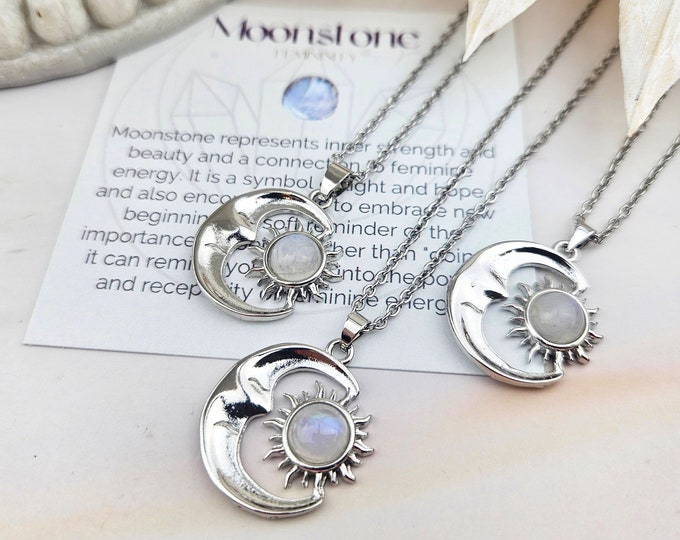 Moonstone Crescent Moon Necklace - Sun Moon Necklace - Celestial Jewelry - Moon Necklace (020)