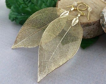 Natural Gold Leaf Earrings - 24K Gold Earrings - Plant Earrings - Nature Jewelry - Bridal Jewelry