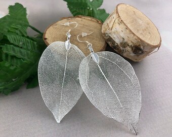 Sterling Silver Real Leaf Earrings: Botanical Statement Jewelry
