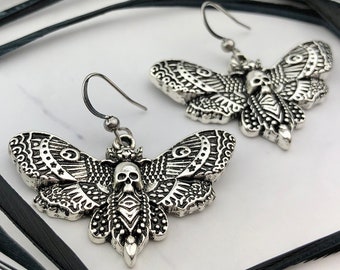 Silver Death Head Earrings - Goth Insect Earrings - Macabre - Esoteric Moth Jewelry - Oddities