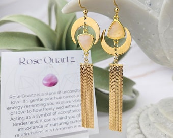 Golden Rose Quartz Earrings - Asymmetrical Earrings - Tassel Fringe Earrings