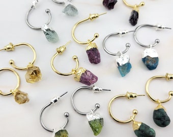 Raw Birthstone Hoop Earrings: Stainless Steel Dangle Hoops