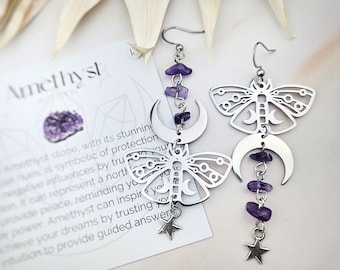 Amethyst Earrings - Butterfly Moth Boho Jewelry - Asymmetrical Moon Phase Celestial Mystical - Affirmation Jewelry