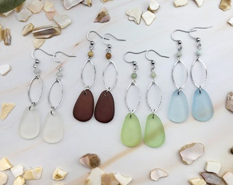 Sea Glass Earrings with Natural Gemstones - Mermaid Earrings - Sea Glass Jewelry