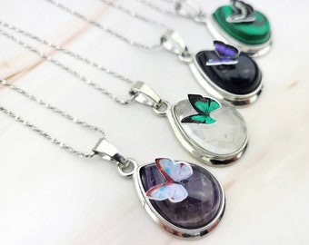 Gemstone Butterfly Necklace - Malachite Necklace - Amethyst Butterfly Necklace - Sterling Silver