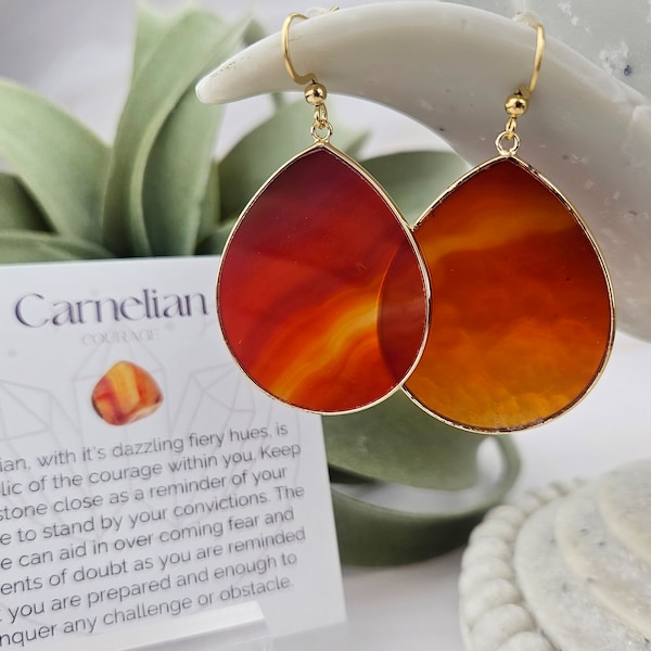 Carnelian Earrings - Real Gemstone Elegant Stone Earrings - Stainless Steel Hypoallergenic Hooks - Affirmation Jewelry