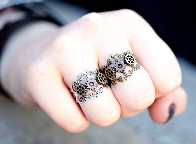 Steampunk Jewelry Steampunk Ring Women Cogs and Gears Ring Silver or Gold Filigree Ring Fallout image 4