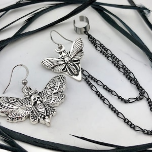 Mismatched Moth Ear Cuff Earrings Set - Crescent Moon Luna Moth - Macabre Death Head Moth - Goth Insect Earrings