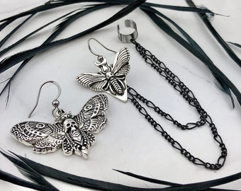 Mismatched Moth Ear Cuff Earrings Set - Crescent Moon Luna Moth - Macabre Death Head Moth - Goth Insect Earrings