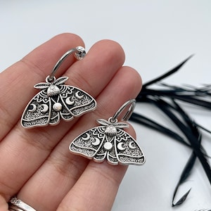 Silver Luna Moth Huggie Hoops Goth Insect Earrings Cartilage Hoops Wiccan Moon Phase Jewelry image 9