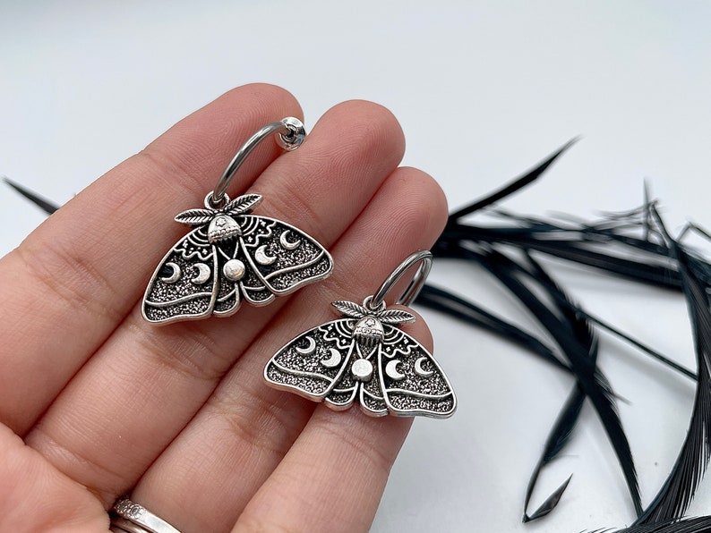 Silver Luna Moth Huggie Hoops Goth Insect Earrings Cartilage Hoops Wiccan Moon Phase Jewelry image 9