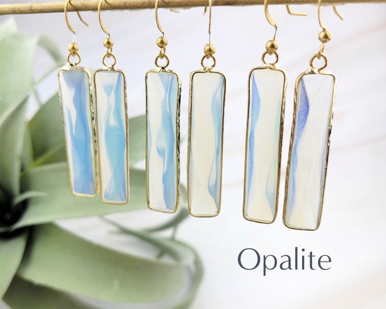 18K Gold Gemstone Bar Earrings-Dangle Amazonite Earrings Rose Quartz Earrings Rectangle Earrings 004 Opalite